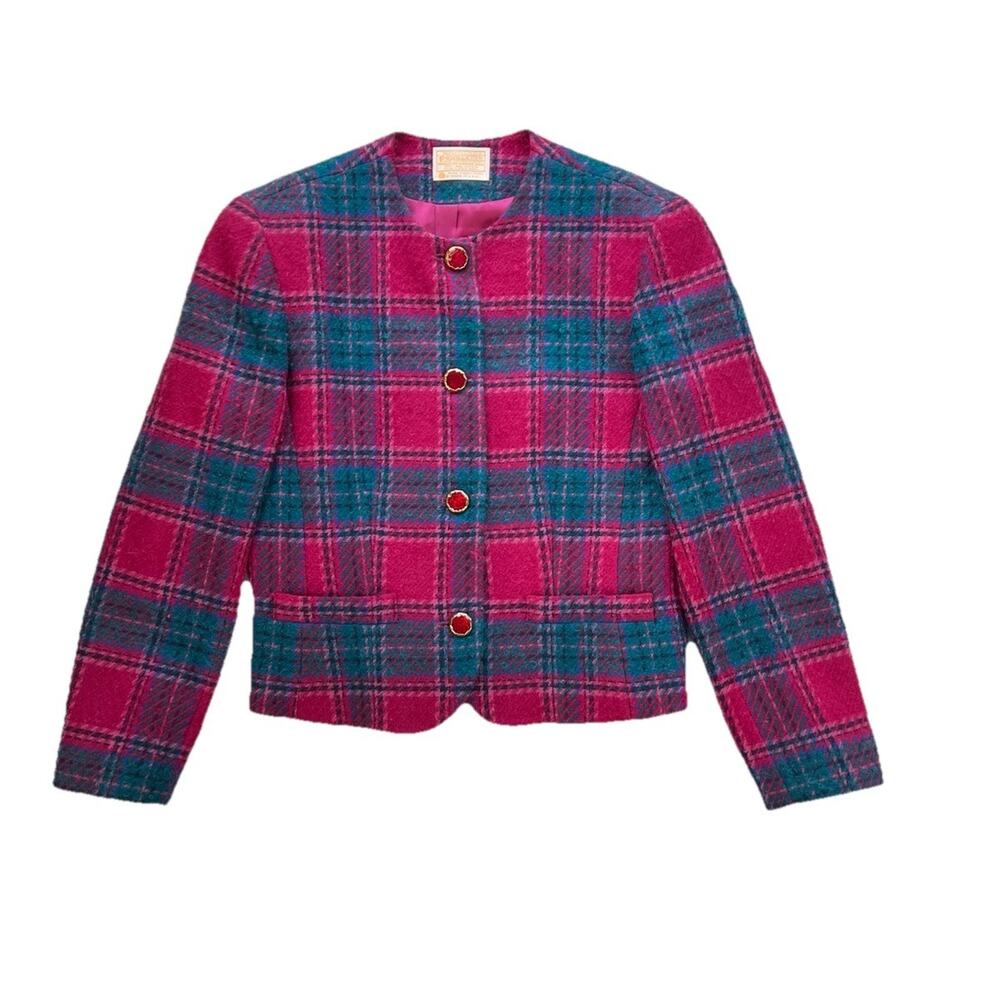 Vintage Pendleton Blazer Jacket Womens Size 8 Plaid Virgin Wool Gold Buttons